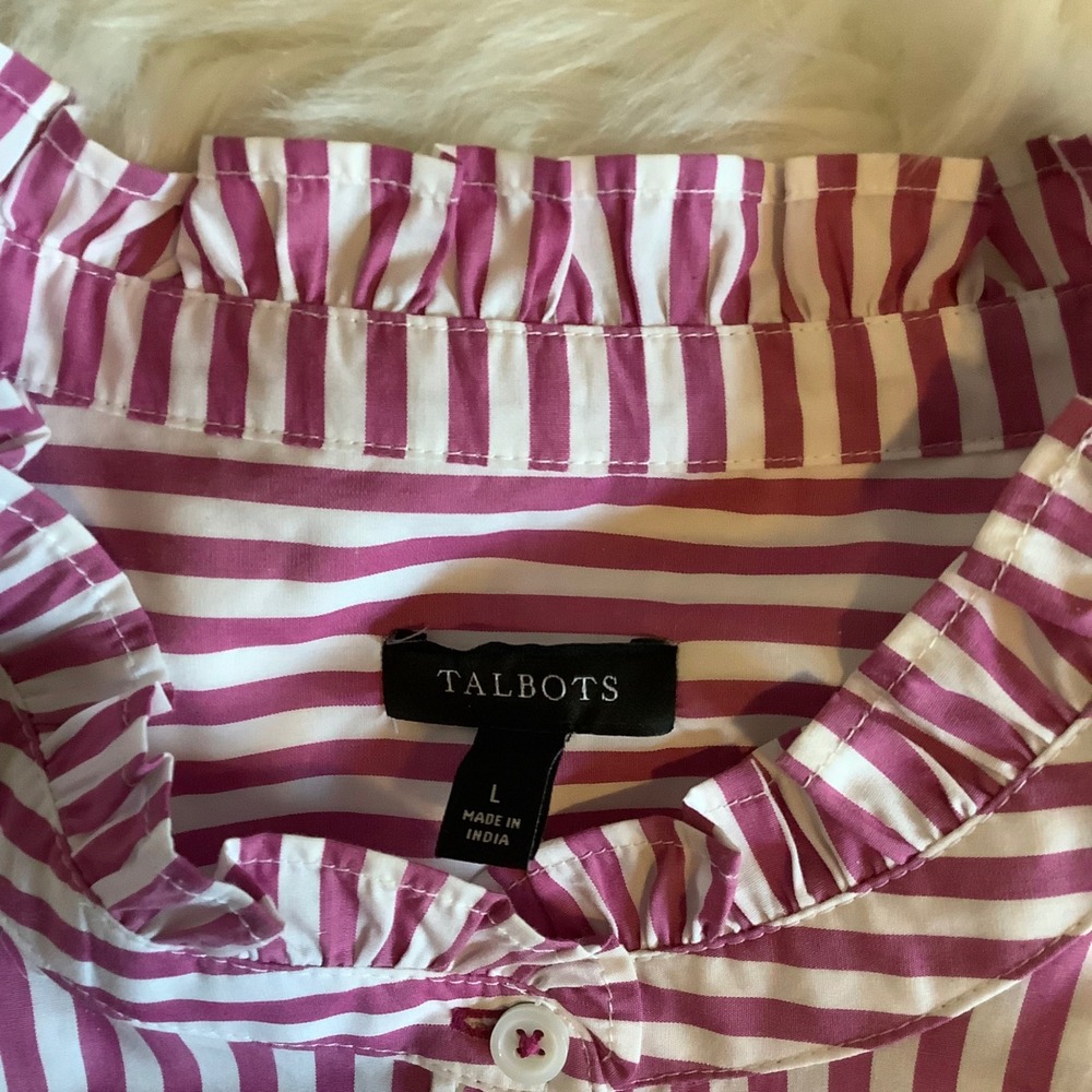 Talbots Womens Pink White Striped Ruffle Neck Cotton Poplin Blouse Top Large